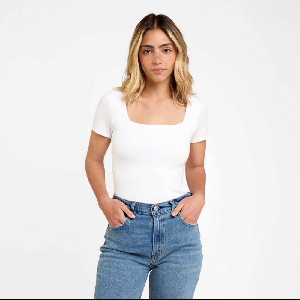 Nuuds White Cotton Stretch Short Sleeve Square Neck Bodysuit